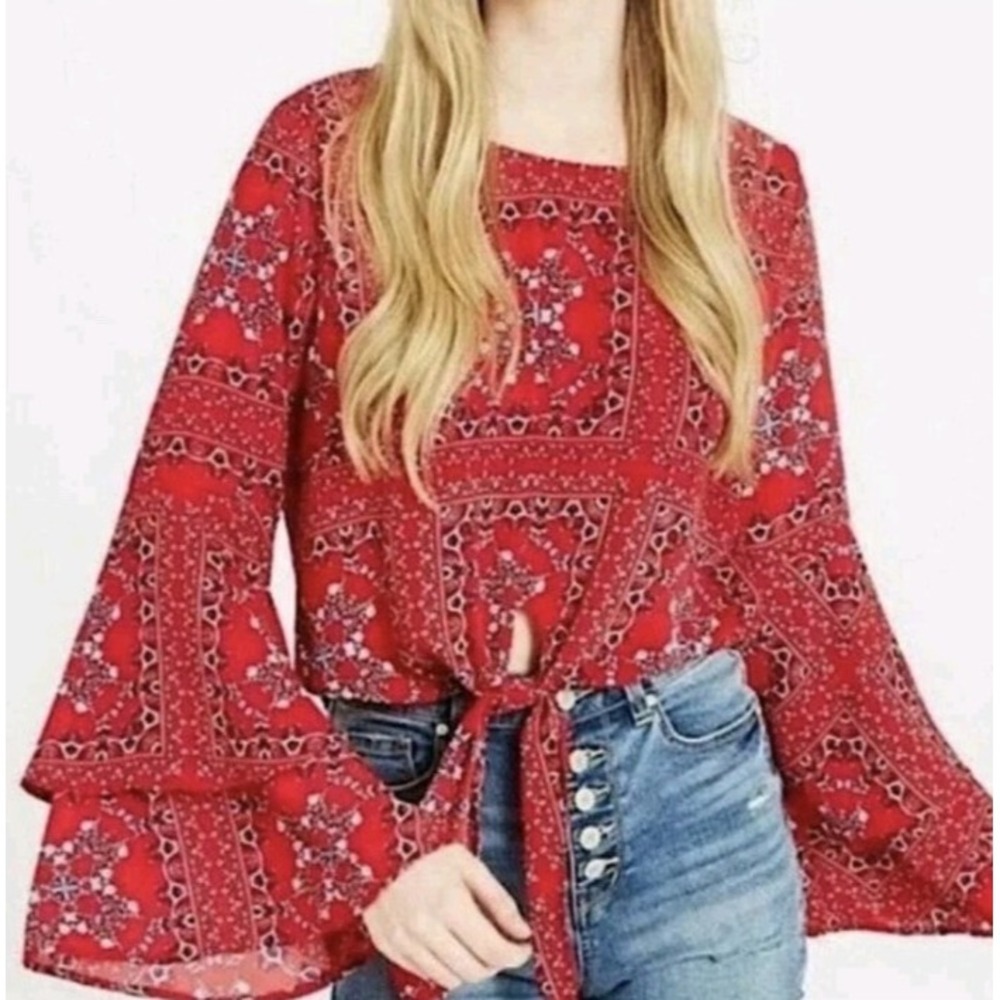 Altar'd State Mackenzie Red Bandana Print Tie Bell Sleeve Blouse Boho Chic Sz L
